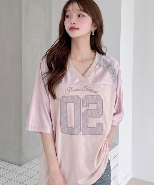 Ada. tシャツ 半袖 異素材ドッキング レース ナンバリング サテン