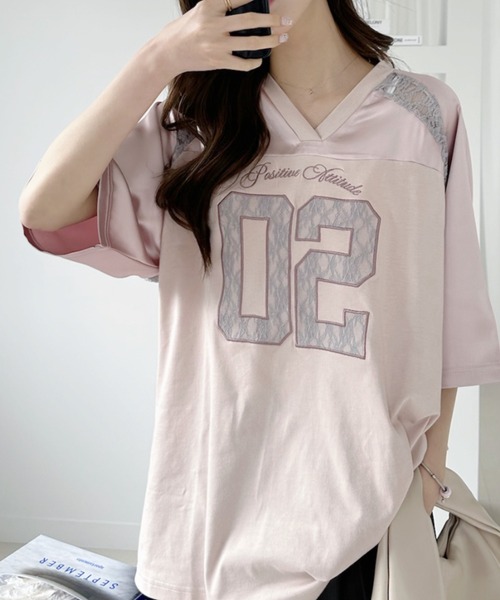 デュエプレGP アダムスキーツ カワイイTシャツ Ada. tシャツ 半袖 異素材ドッキング レース ナンバリング サテン