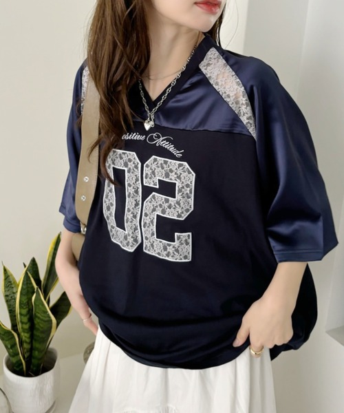 Ada. tシャツ 異素材ドッキング レース ナンバリング サテン ゲーム