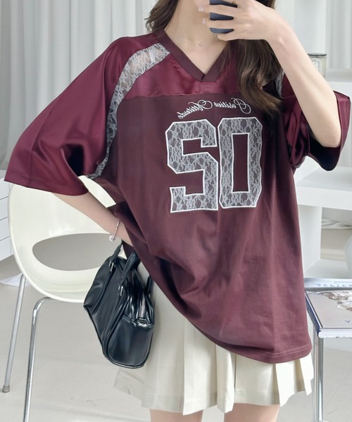 Ada. tシャツ 異素材ドッキング レース ナンバリング サテン ゲーム
