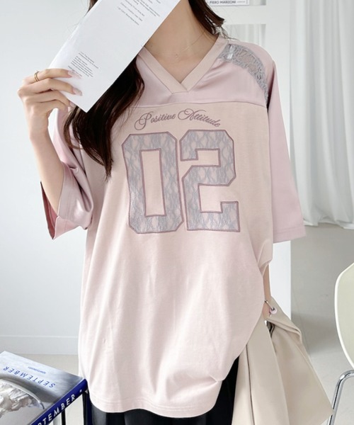 Ada. tシャツ 半袖 異素材ドッキング レース ナンバリング サテン