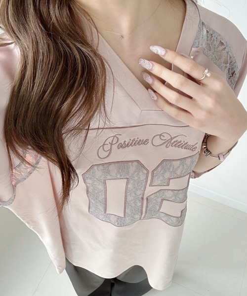 Ada. tシャツ 異素材ドッキング レース ナンバリング サテン ゲーム