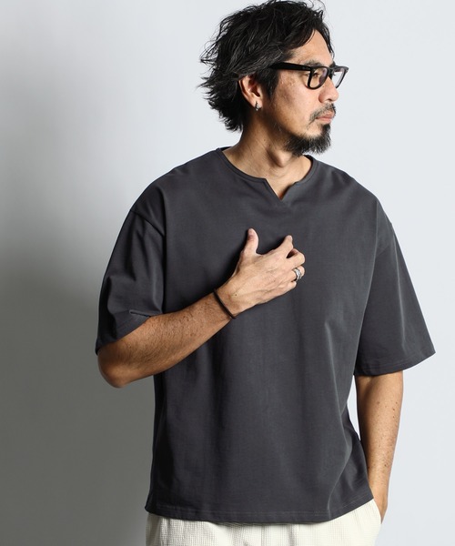 キーネックＴシャツ スビンプラチナムスムース テーラードキーネックロングスリーブT