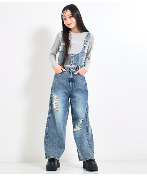 ANAP GiRL サロペット オーバーオール クラッシュデニム マルチ