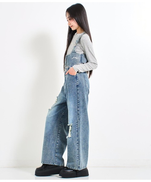 ANAP GiRL サロペット オーバーオール クラッシュデニム マルチ