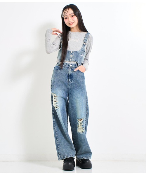 ANAP GiRL サロペット オーバーオール クラッシュデニム マルチ