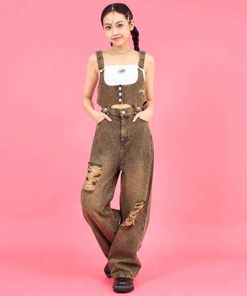 ANAP GiRL サロペット オーバーオール クラッシュデニム マルチ