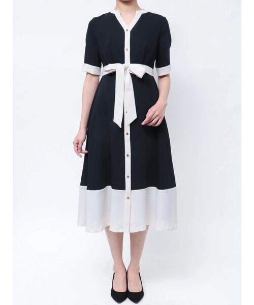 【新品タグ付】TONAL♡バイカラークルーネックフレアワンピース スカイブルー TONAL ワンピース バイカラーオープンフレアワンピース