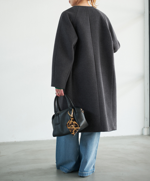 スピックアンドスパン　ウール混ロングコート　ビーバー　ノーカラー　ゆったり　黒 スピックアンドスパン ウールコート スピック&スパンSpick & Span ノー