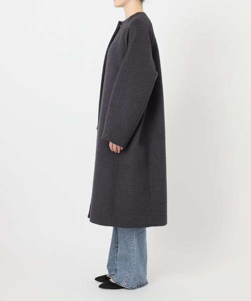 スピックアンドスパン　ウール混ロングコート　ビーバー　ノーカラー　ゆったり　黒 スピックアンドスパン ウール混ロングコート ビーバー ノーカラー