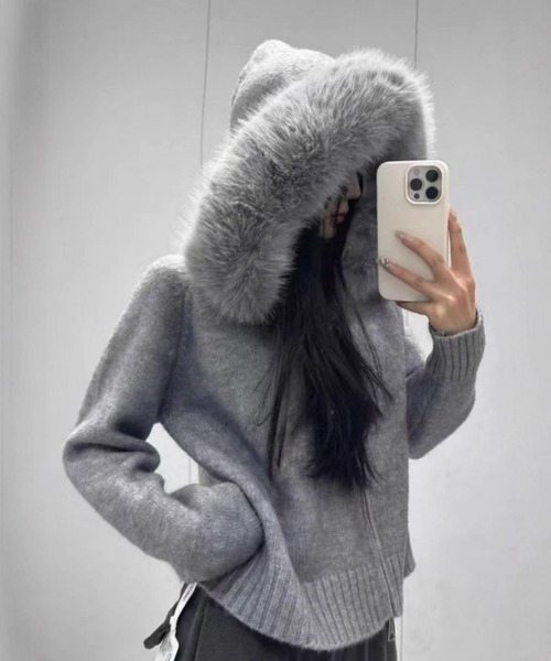 グレー ファー ニット ジャケット MAISON DE THERESE（メゾン ド テレーズ） ニット セーター ファー付き