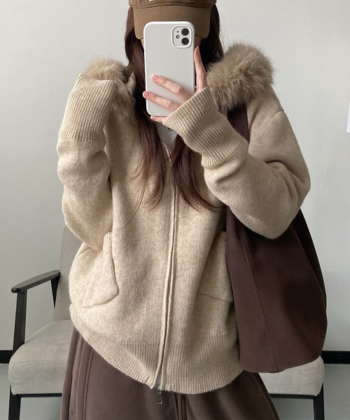 ALBA ROSAファー付フードニットコート ニットジャケット ウール96%生成 