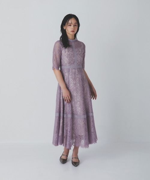 パープル フレアドレス レース袖 Rose of Sharon ドレス スタンドカラー総レースフレアドレス