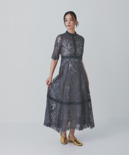 Rose of Sharon ドレス スタンドカラー総レースフレアドレス