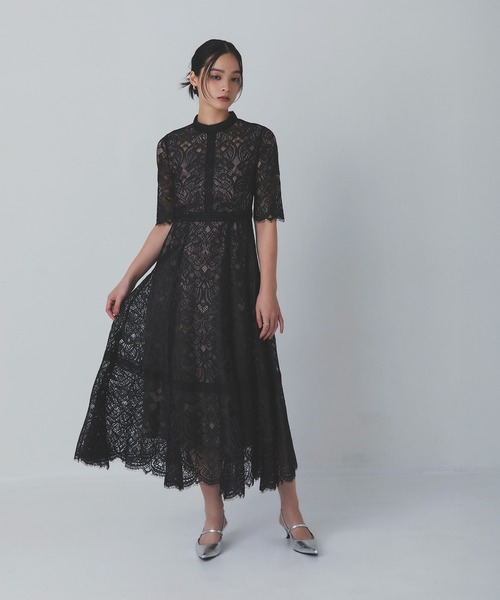 Rose of Sharon ドレス スタンドカラー総レースフレアドレス