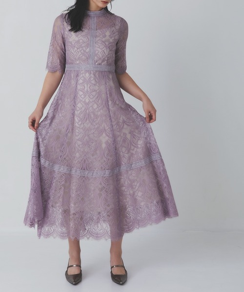 Rose of Sharon ドレス スタンドカラー総レースフレアドレス