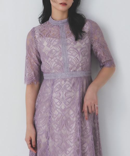 Rose of Sharon ドレス スタンドカラー総レースフレアドレス