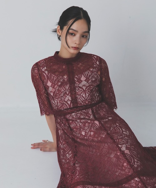 Rose of Sharon ドレス スタンドカラー総レースフレアドレス