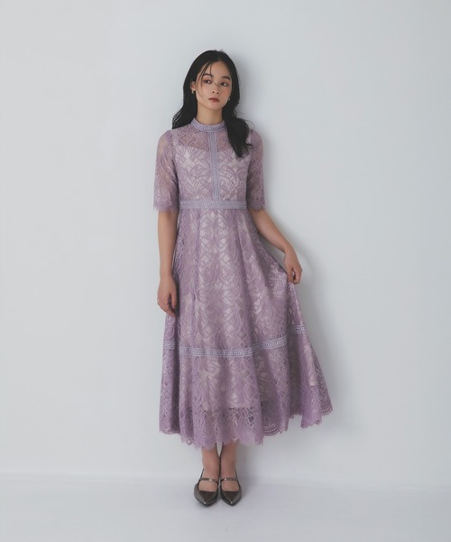 パープル フレアドレス レース袖 Rose of Sharon ドレス スタンドカラー総レースフレアドレス