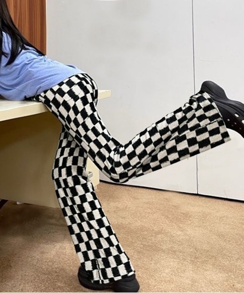 semuse パンツ ブロックチェック柄フレアパンツ レディース : ZOZOTOWN