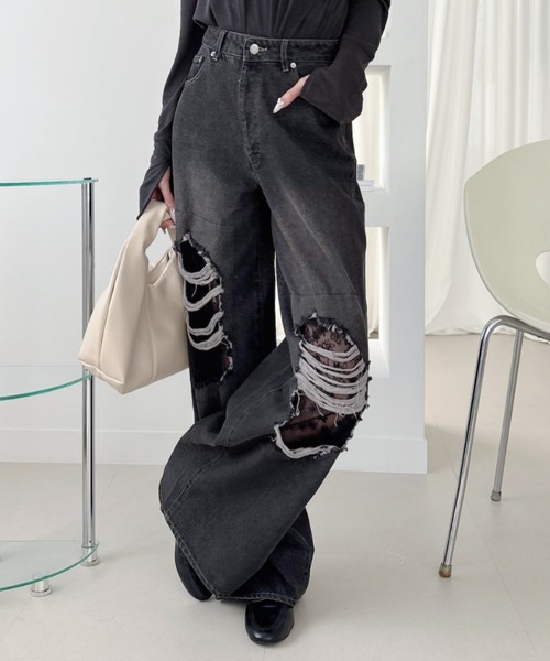 Ada. ワイドパンツ ジーンズ デニム デニムパンツ レース付 ダメージ