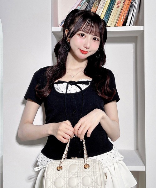 INGNI（イング） tシャツ 半袖 レースレイヤード風フロントボタン半袖