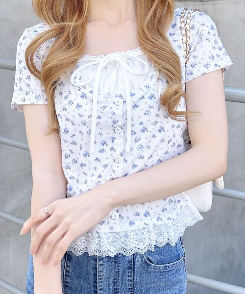 INGNI（イング） tシャツ 半袖 レースレイヤード風フロントボタン半袖