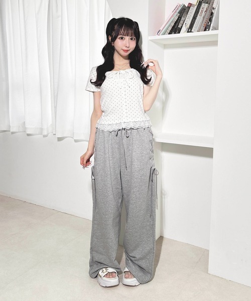 INGNI（イング） tシャツ 半袖 レースレイヤード風フロントボタン半袖