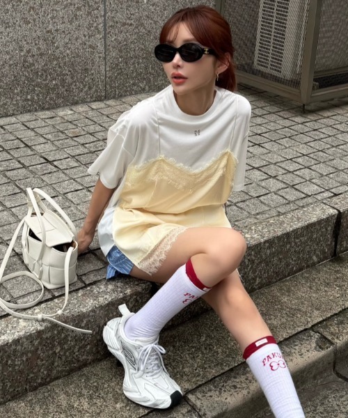 【JOSE MOON】レーストリムシャツ JOSE MOON（ジョゼムーン） tシャツ 半袖 LACE CAMI TRIM TSHIRT