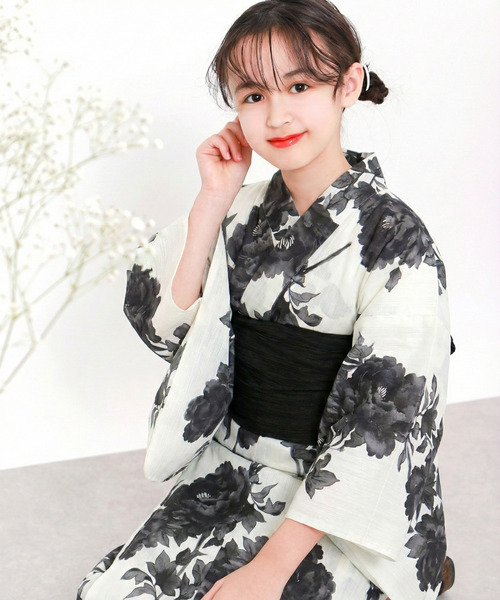 浴衣 簡単着付け ワンピース 浴衣 女の子 2点セット( ワンピース浴衣 + 帯 ) キッズ 子供 女の子の画像