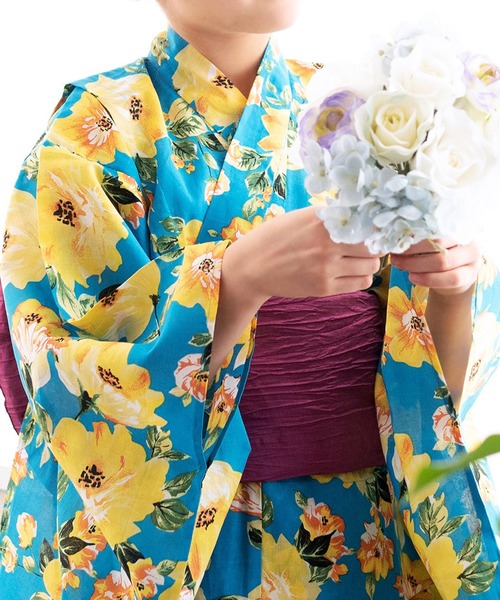 浴衣 簡単着付け ワンピース 浴衣 女の子 2点セット( ワンピース浴衣 + 帯 ) キッズ 子供 女の子の画像