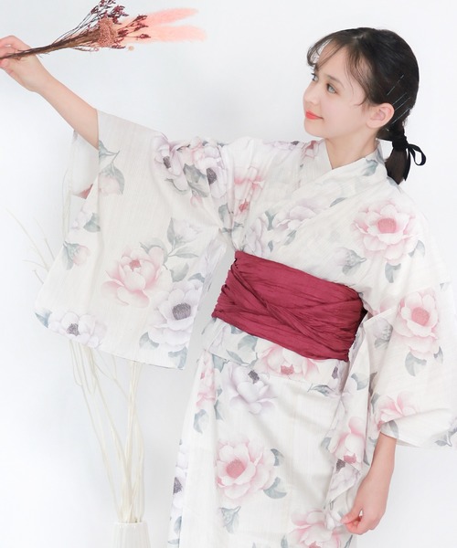 浴衣 簡単着付け ワンピース 浴衣 女の子 2点セット( ワンピース浴衣 + 帯 ) キッズ 子供 女の子の画像