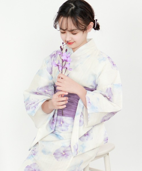 浴衣 簡単着付け ワンピース 浴衣 女の子 2点セット( ワンピース浴衣 + 帯 ) キッズ 子供 女の子の画像