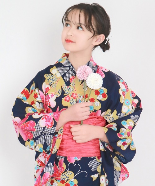 浴衣 簡単着付け ワンピース 浴衣 女の子 2点セット( ワンピース浴衣 + 帯 ) キッズ 子供 女の子の画像