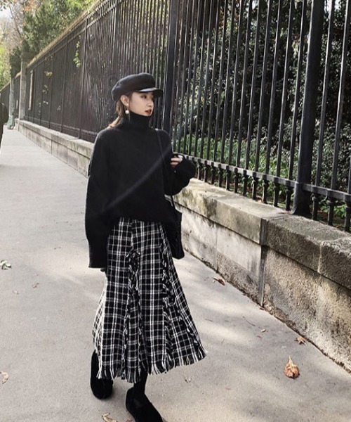 emi+ スカート レディース フリンジチェック柄ロングスカート