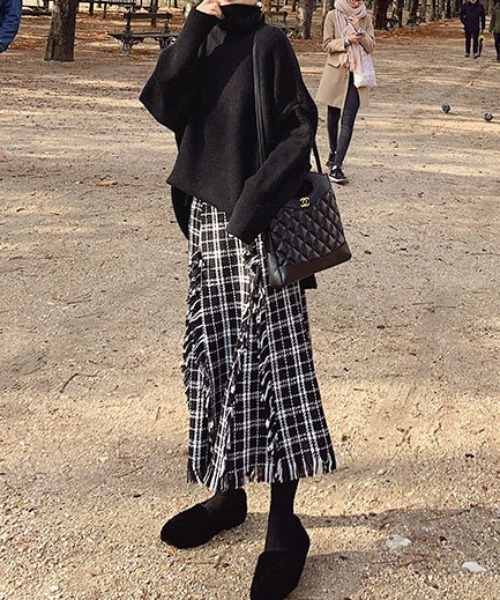 emi+ スカート レディース フリンジチェック柄ロングスカート