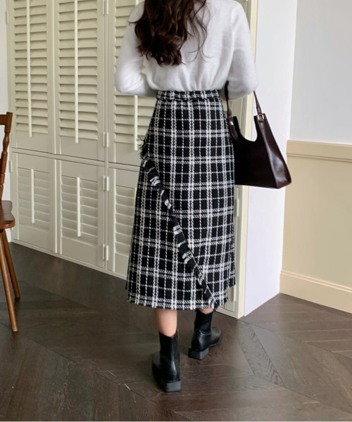 emi+ スカート レディース フリンジチェック柄ロングスカート