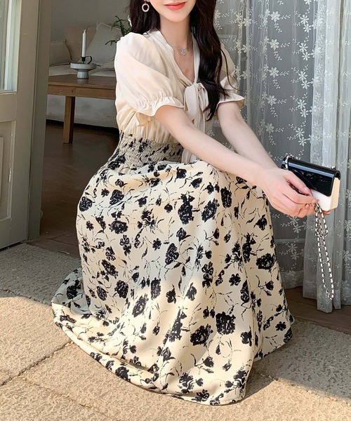 DAY CLOSET ワンピース 夏 半袖 レディース 花柄ボウタイセットアップ