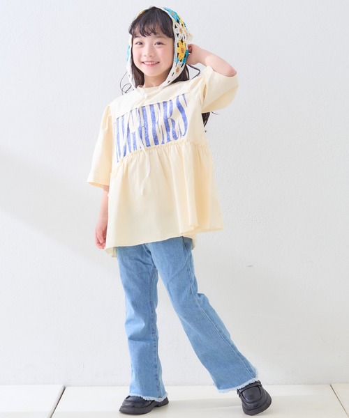 メゾピアノ クロップドTシャツセット ロゴプリントデニム 裾フリルスカート ロゴプリントデニム 裾フリルスカート(110cm ライト ブルー