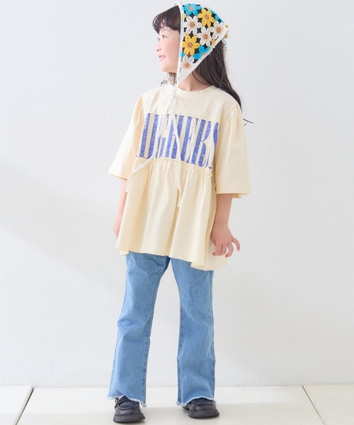 メゾピアノ クロップドTシャツセット ロゴプリントデニム 裾フリルスカート ロゴプリントデニム 裾フリルスカート(110cm ライト ブルー