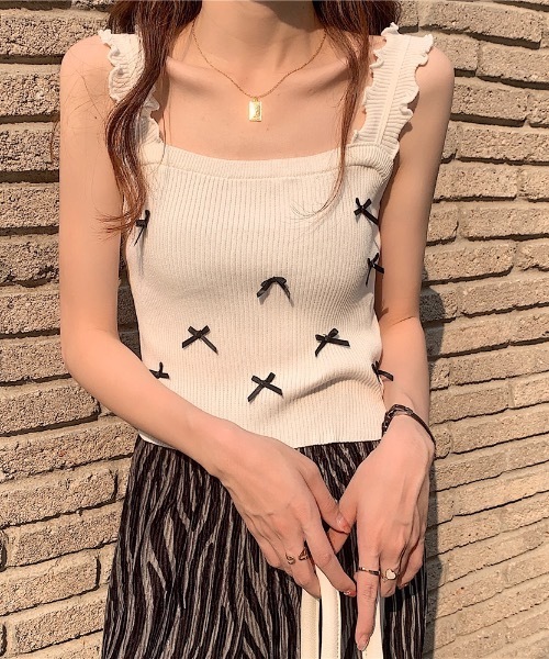 フリル付きノースリーブ タンクトップ ノースリーブ リボン付き フリルショートタンク