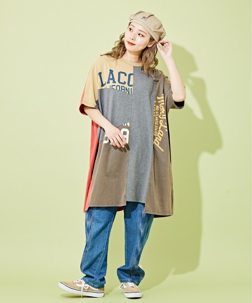 tシャツ Tシャツ パウダー加工リメイク風ドルマンチュニックTシャツ 