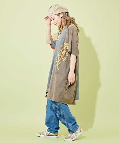 tシャツ Tシャツ パウダー加工リメイク風ドルマンチュニックTシャツ 