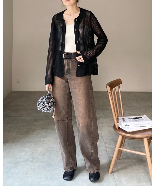 ニット セーター メッシュ長袖ニットポロシャツ レディース She's Closet ニット セーター 透かし編み長袖ポロシャツ