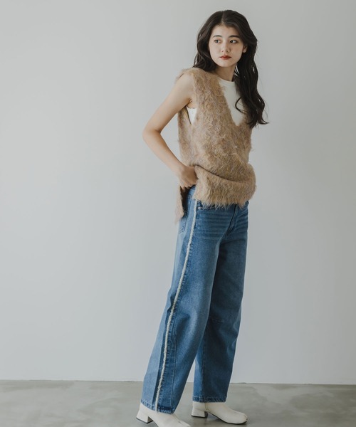 ベスト ジレ ミックスシャギーVネックベスト レディース rectangle ベスト ジレ ミックスカラーシャギーVネックベスト