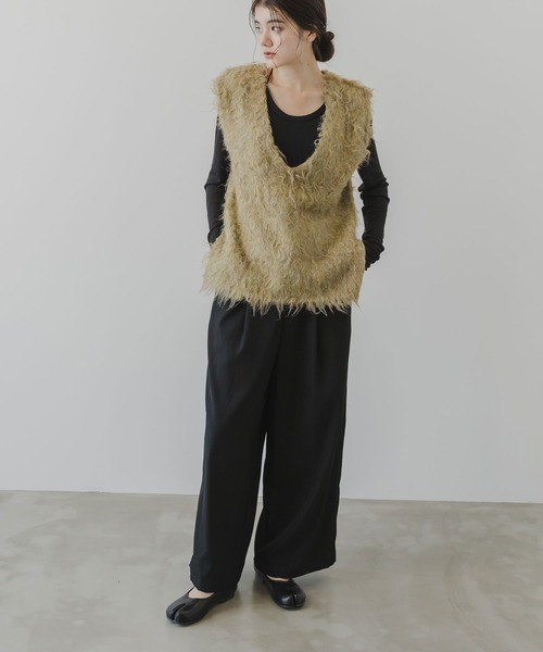 ベスト ジレ ミックスシャギーVネックベスト レディース rectangle ベスト ジレ ミックスカラーシャギーVネックベスト
