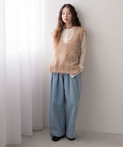 ヴァン Vin ミックスカラーシャギーニットベスト （ブルー） ヴァン Vin ミックスカラーシャギーニットベスト （ブルー