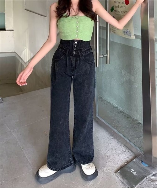 デニム パンツ ハイウエスト ウォッシュ加工 ジーンズ ルーズ 4 Dream garden ジーンズ デニム デニムパンツ 4釦ハイウエスト