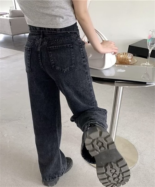 デニム パンツ ハイウエスト ウォッシュ加工 ジーンズ ルーズ 4 Dream garden ジーンズ デニム デニムパンツ 4釦ハイウエスト
