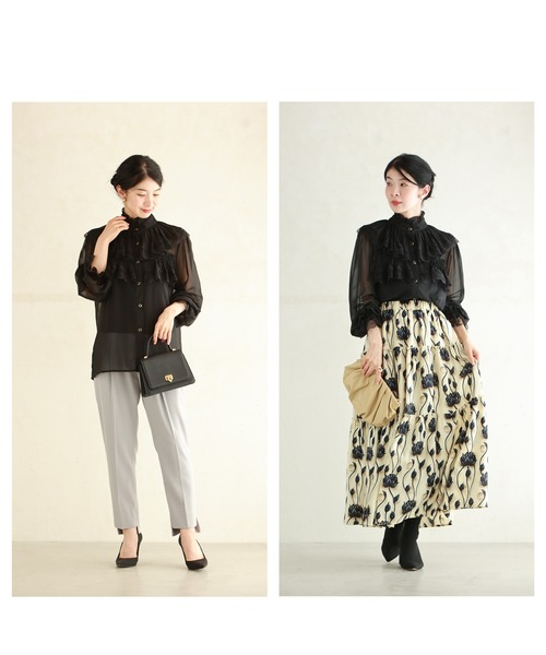 cawaii ブラウス シャツ （黒）シアー袖のクラシカルフリルブラウス